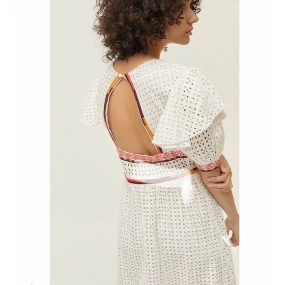 UO Madiera White Eyelet V Neck Midi Dress XS - Picture 7 of 12